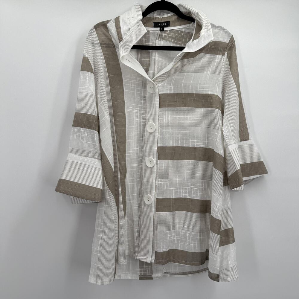 Damee Blouse Womens Small Taupe White Striped Button Lightweight Top Wire Collar